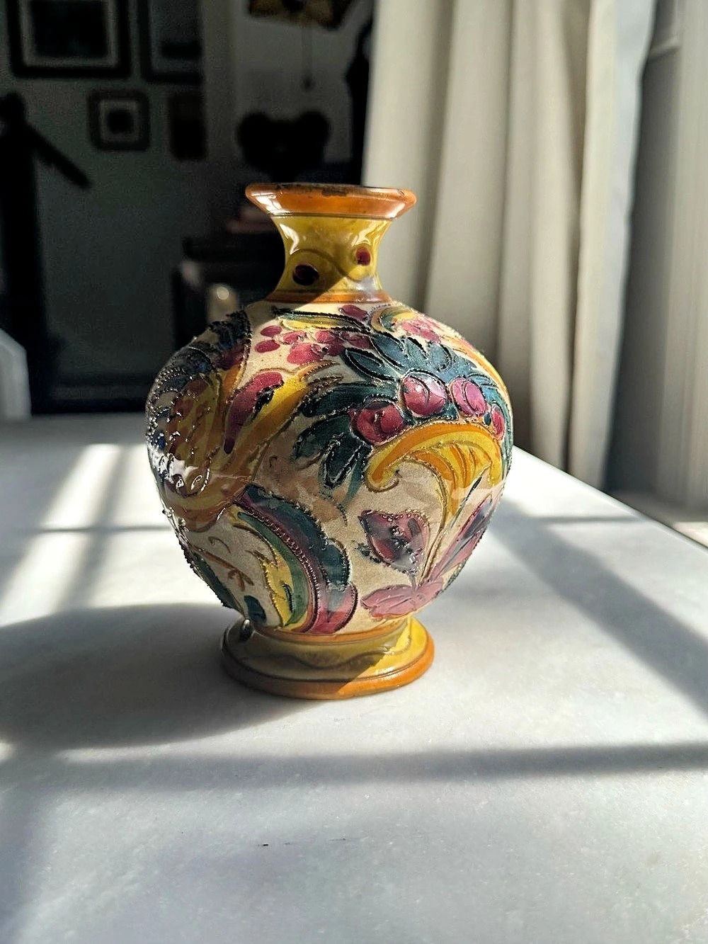 Vintage Spanish Pottery Rooster Vase Hand Painted Floral Signed Ceramic 6”